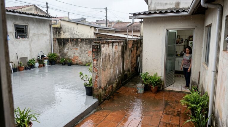 Vizinho troca o piso do quintal por concreto para facilitar a limpeza, e família ao lado percebe que a água das chuvas começa a se acumular junto à porta da cozinha