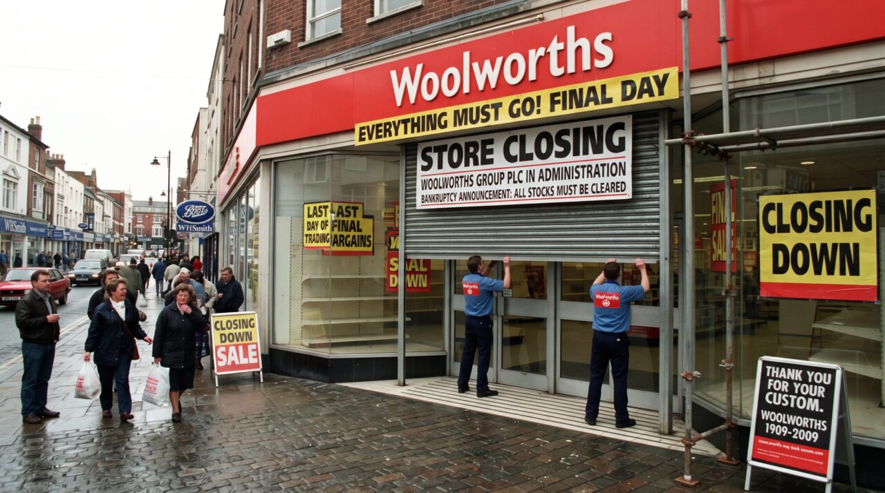 A falência da rede de departamentos Woolworths e o fechamento de suas lojas.