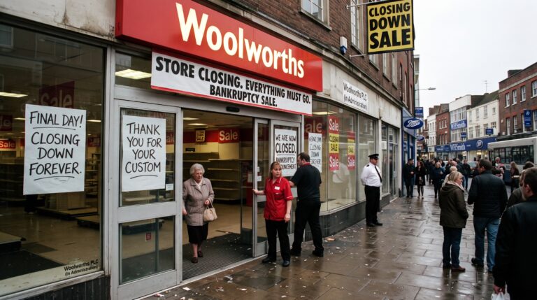 A falência da rede de departamentos Woolworths e o fechamento de suas lojas.