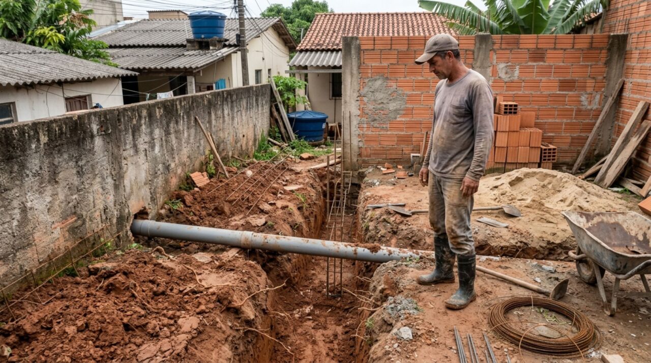 Família começa a construir uma edícula no fundo de casa, pedreiro encontra um cano de esgoto vindo do imóvel vizinho e interrompe a fundação, mas uma planta antiga revela que a tubulação foi instalada antes da divisão dos dois terrenos