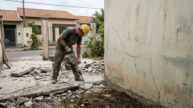 Morador contrata uma máquina para demolir o piso da garagem, vibrações provocam rachaduras na parede do vizinho e empresa nega responsabilidade, mas fotografias antigas mostram como estava a estrutura antes da obra