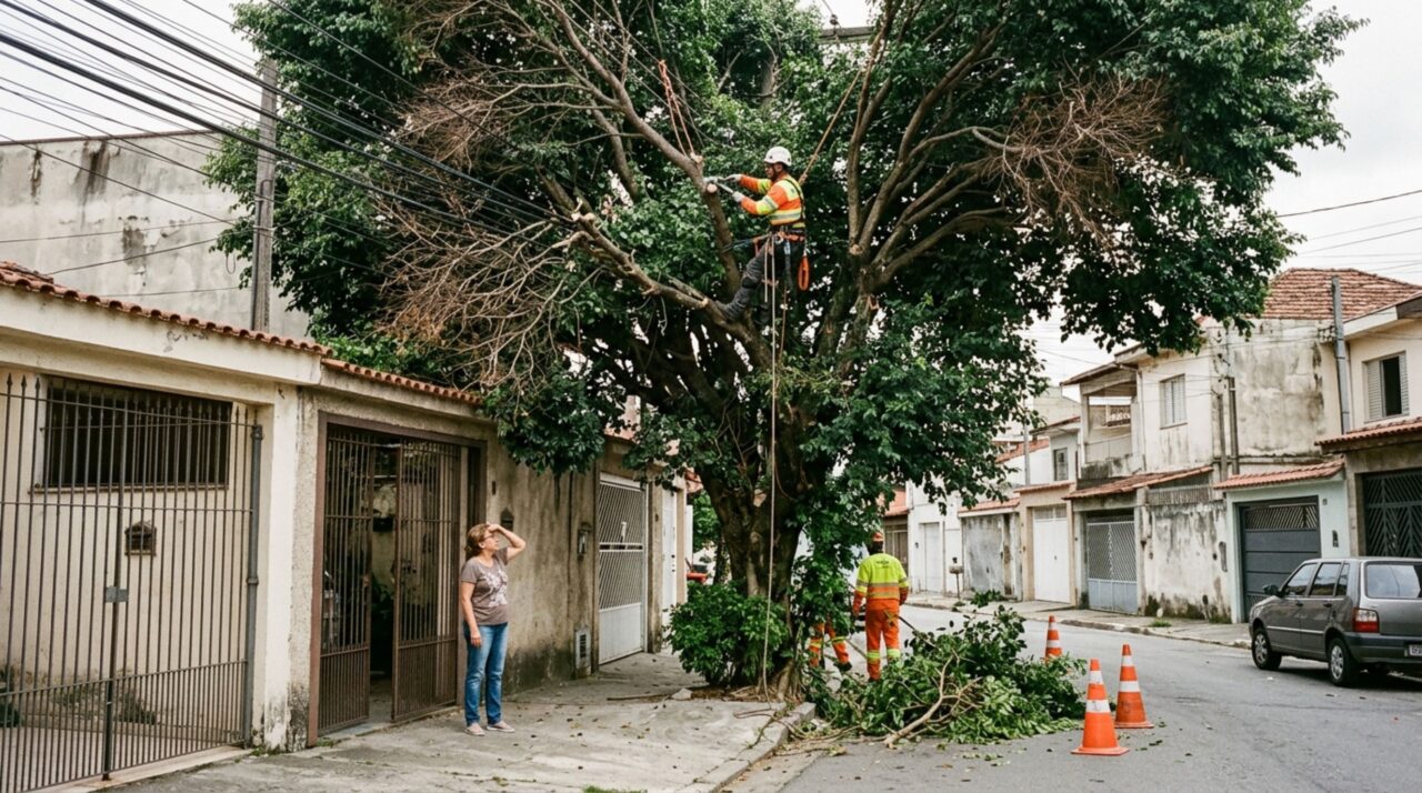 Moradora poda apenas os galhos secos de uma árvore na calçada e descobre durante a fiscalização que a autorização pode depender da espécie e das regras do município