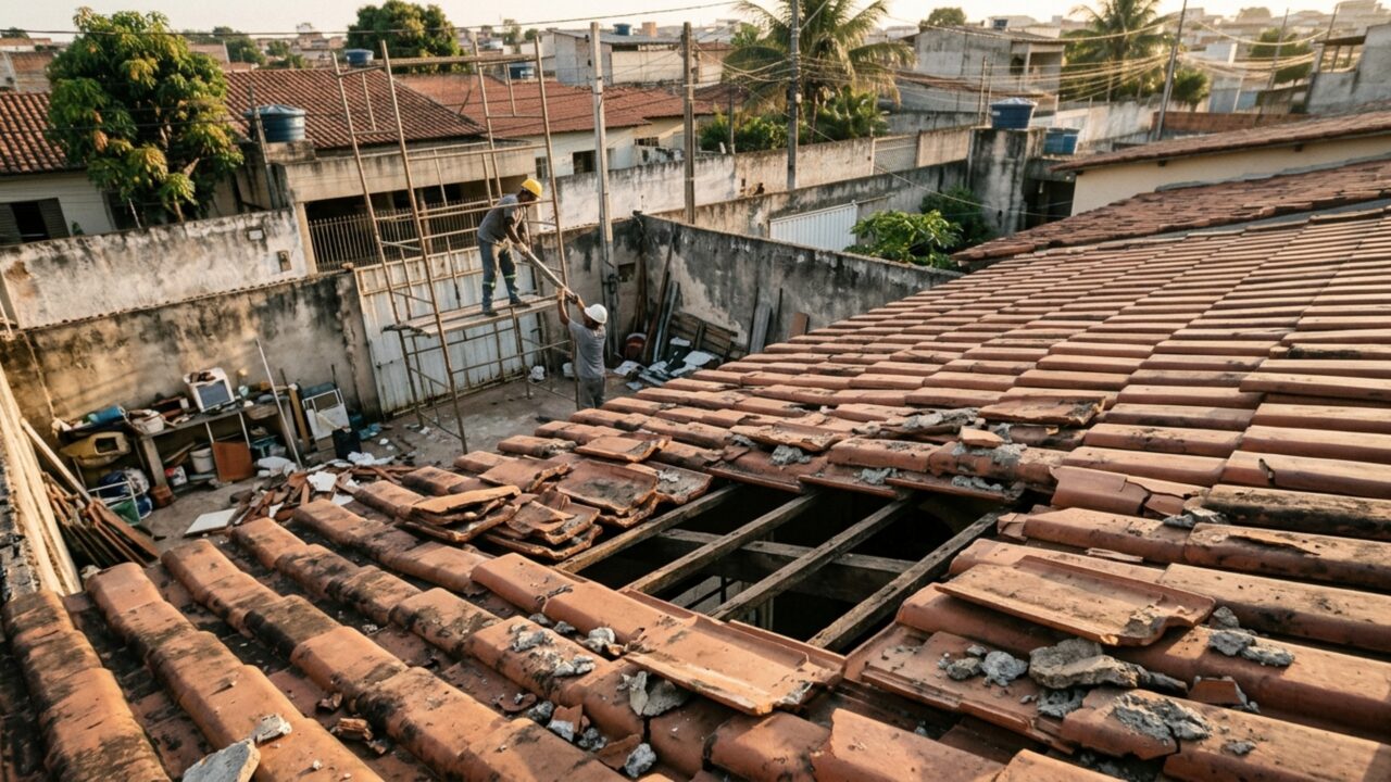 Durante a desmontagem dos andaimes de uma reforma, pedaços de argamassa caem sobre o telhado da casa ao lado e uma família encontra telhas quebradas acima do quarto das crianças