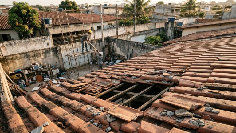Durante a desmontagem dos andaimes de uma reforma, pedaços de argamassa caem sobre o telhado da casa ao lado e uma família encontra telhas quebradas acima do quarto das crianças