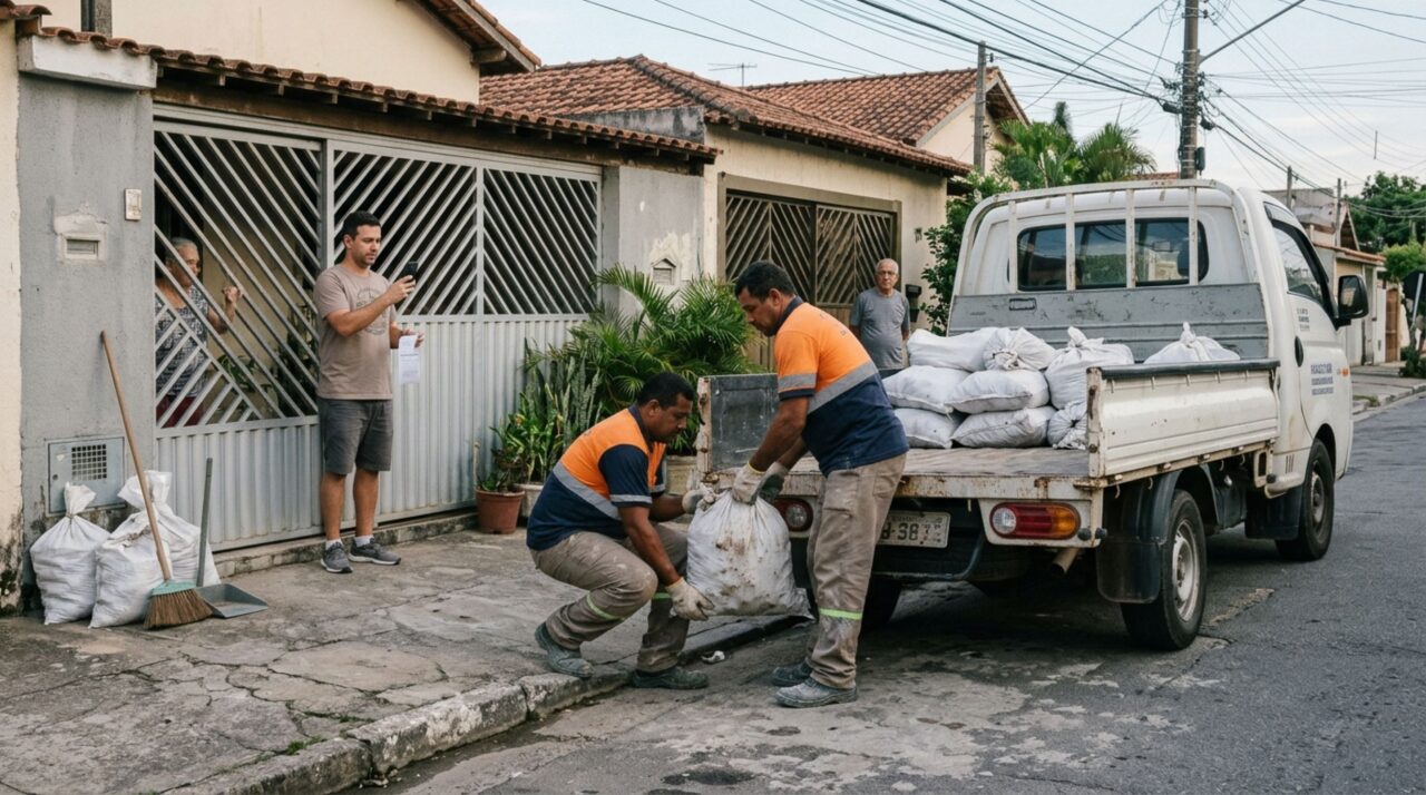 Morador contrata uma equipe para retirar o entulho do quintal e recebe reclamação do vizinho depois que os trabalhadores deixam sacos de resíduos sobre a calçada da casa ao lado