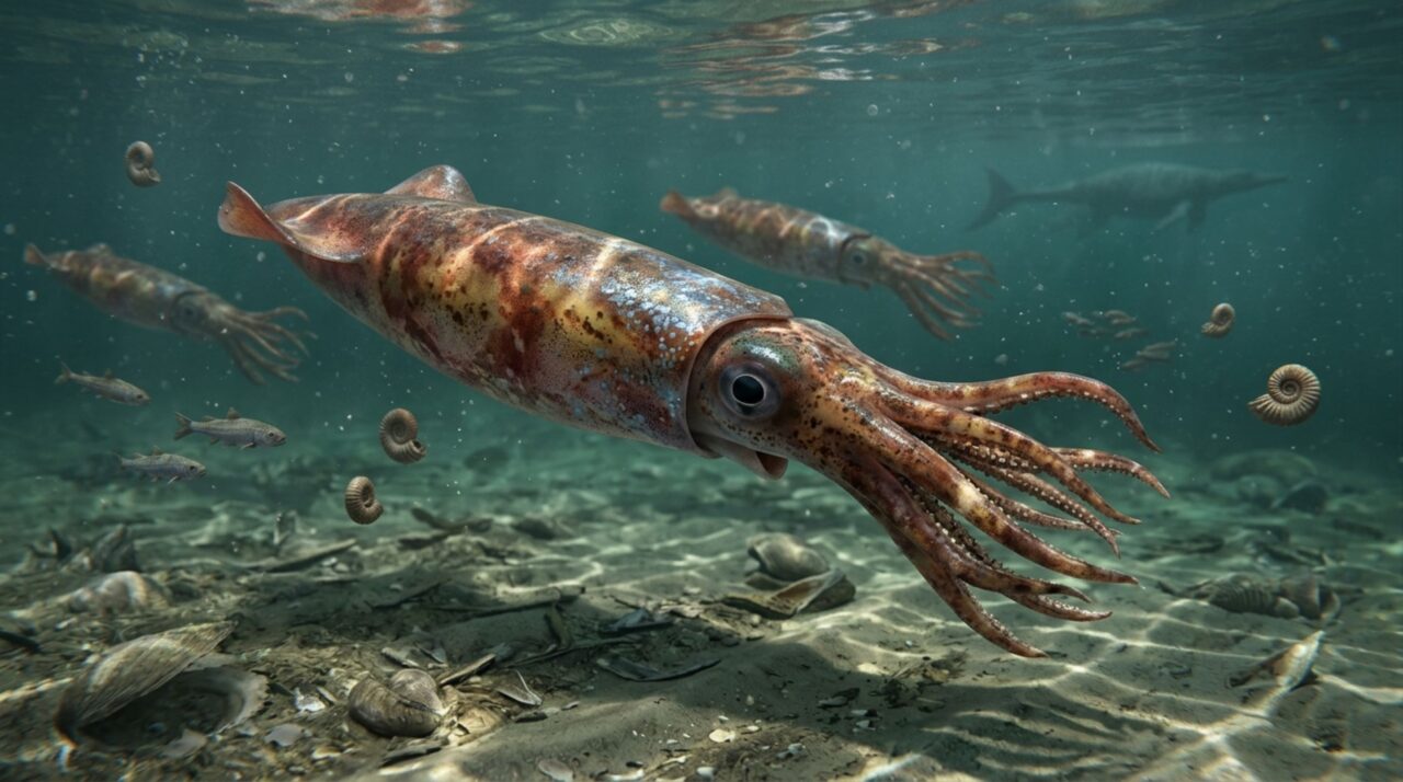Reconstrução mostra como Wyoteuthis linsterorum poderia ter vivido nos mares que cobriam Wyoming durante o período Jurássico