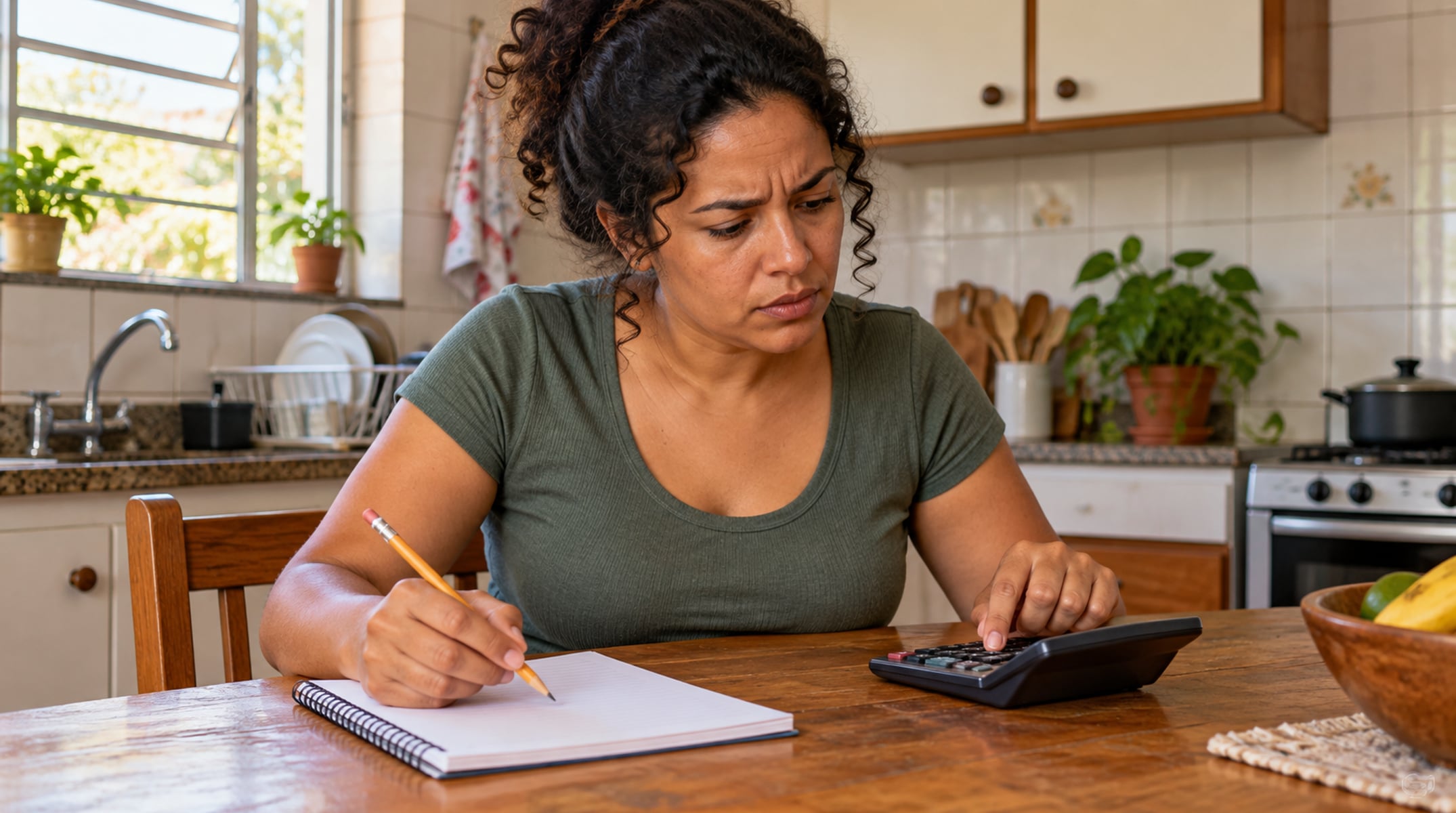 A calculadora comum resolve cada operação na ordem da digitação e mostra 50, então multiplique primeiro, anote e só depois some