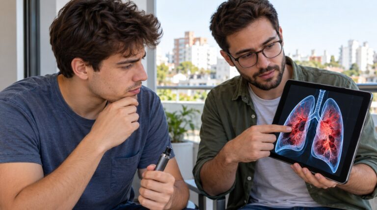 Jovem segura um cigarro eletrônico enquanto o amigo mostra a imagem de um pulmão no tablet