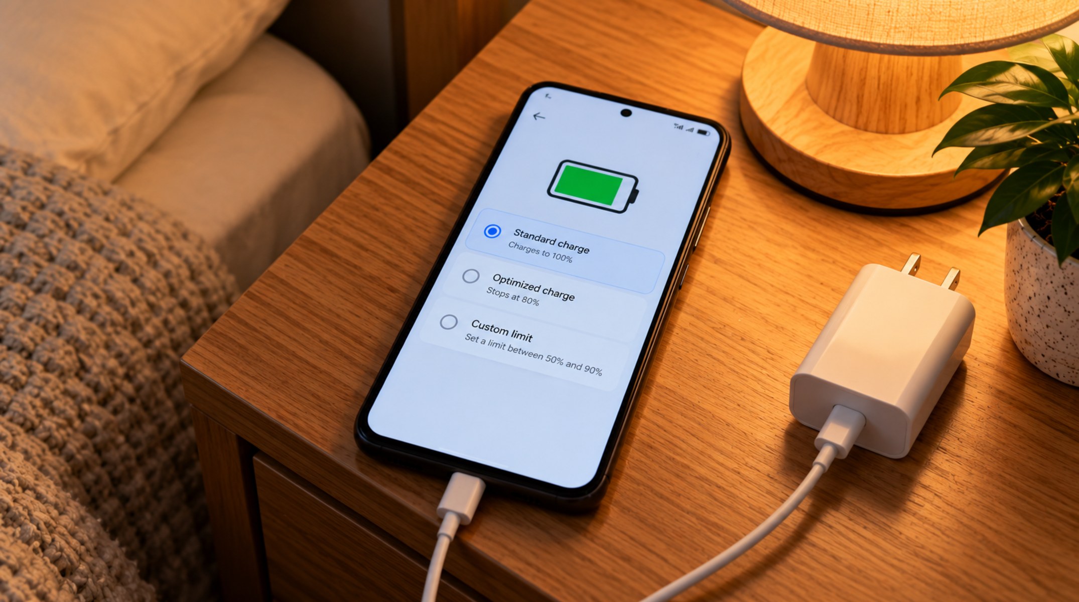 Celular carregando na mesa de cabeceira com as opções de proteção da bateria na tela
