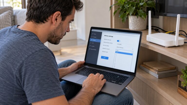 Homem ajusta o canal do Wi-Fi no notebook ao lado do roteador