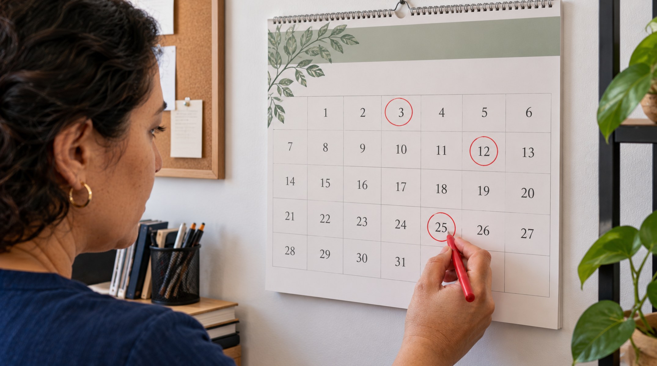 Calendário de parede com datas circuladas em vermelho