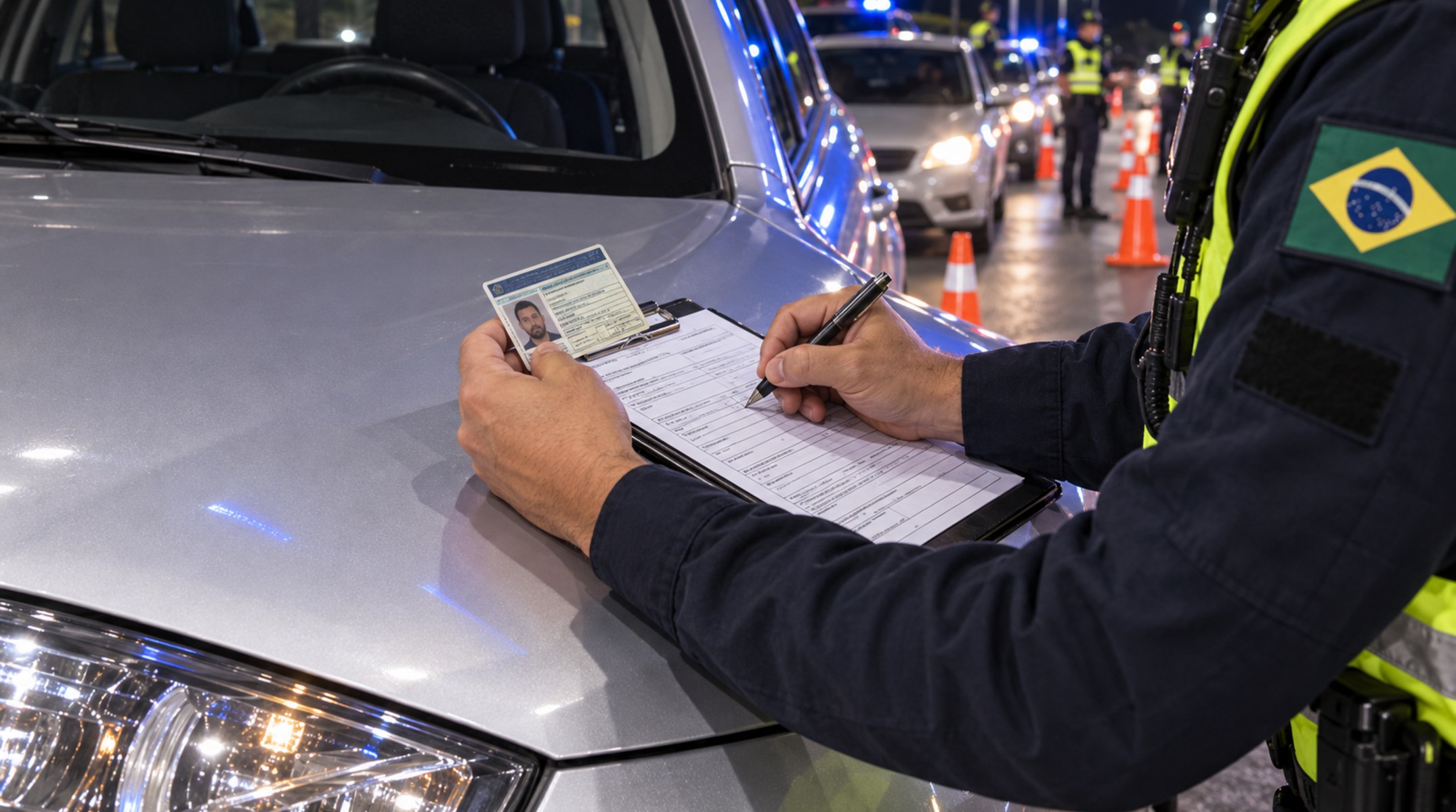 Agente preenche a notificação sobre o capô do carro segurando a carteira de motorista