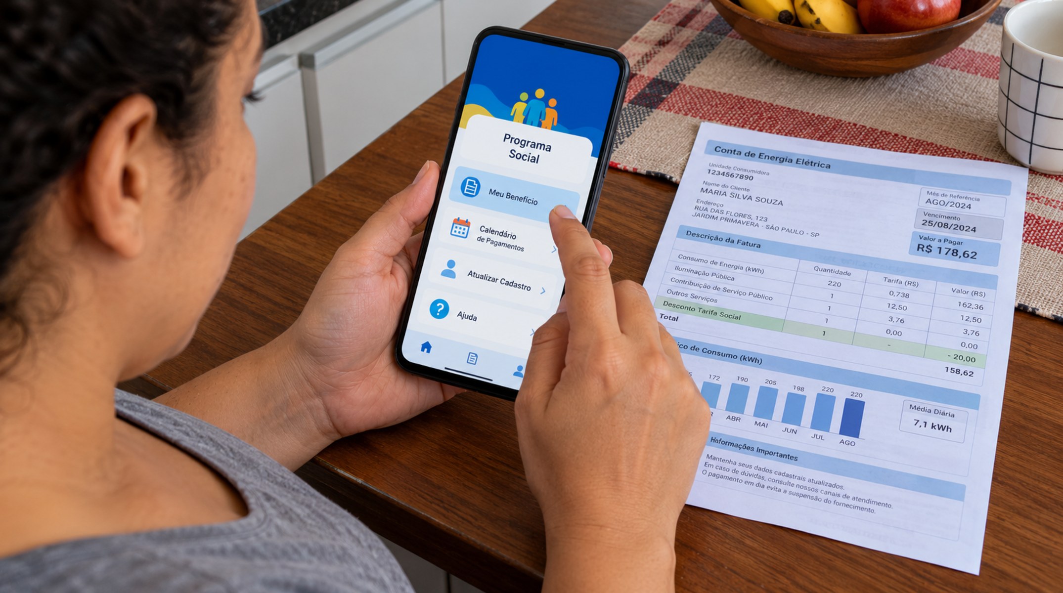Mãos seguram o celular com o aplicativo de cadastro social ao lado da conta de luz