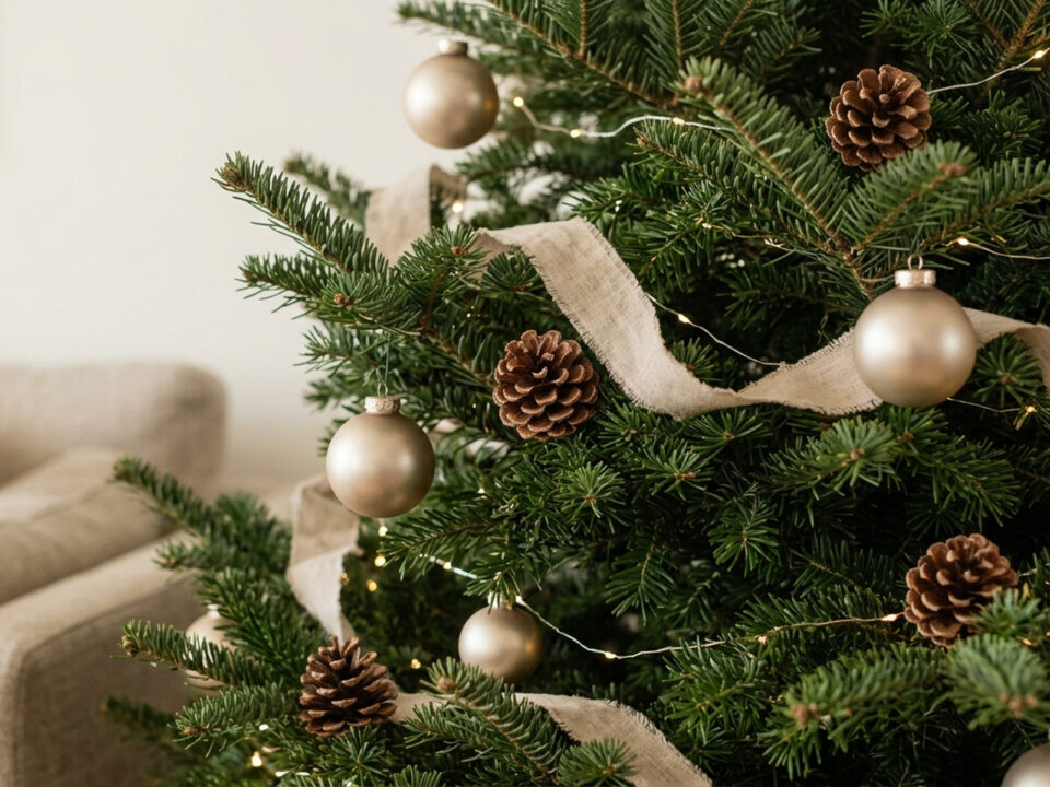 Detalhe de árvore de Natal verde com pequenas luzes LED branco quente, bolas champanhe, fita de linho bege e pinhas naturais distribuídas entre os galhos.