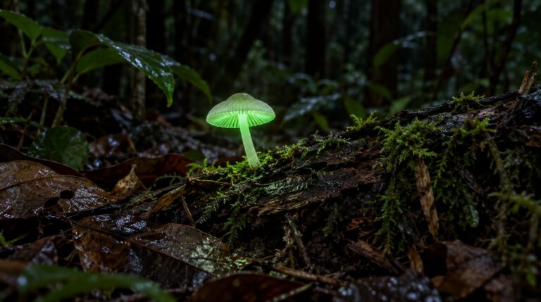 Cogumelos bioluminescentes produzem luz verde por reações químicas internas em ambientes escuros e úmidos