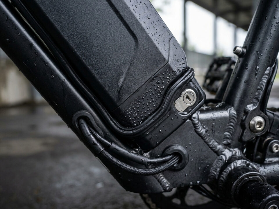Detalhe da bateria de bicicleta elétrica com gotas de água próximas ao compartimento, mostrando componentes que exigem proteção contra infiltração.