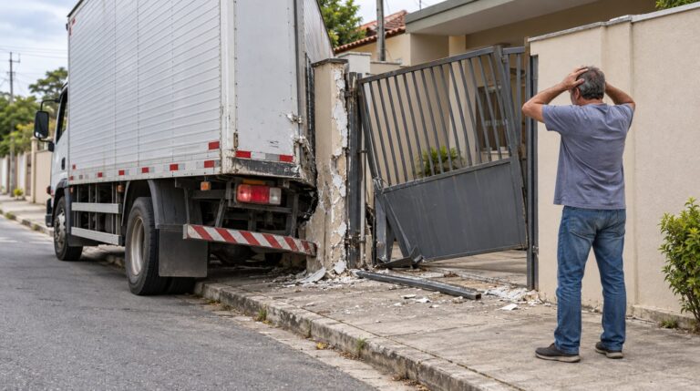 A loja responde pelo motorista da entrega e, em regra, deve pagar pelo portão destruído, não o comprador