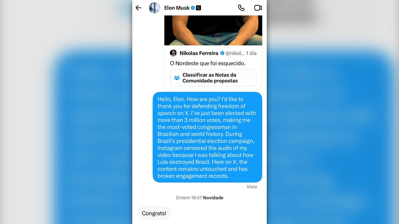 Nikolas compartilha ‘parabéns’ de Musk por vídeo sobre Nordeste