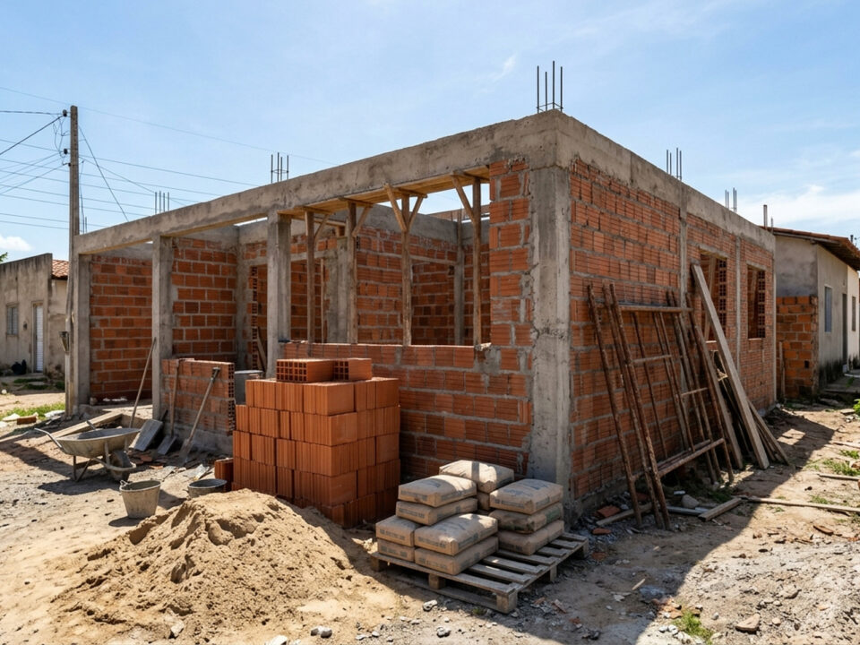 Casa pequena de 50 m² em construção com paredes de tijolos aparentes, estrutura de concreto e materiais organizados na frente da obra.
