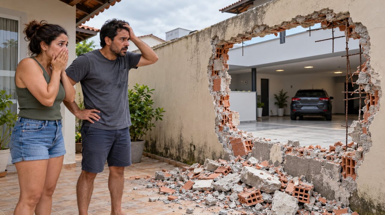 Casal passa fim de semana fora ao voltar descobre que vizinho derrubou parte do muro compartilhado para ampliar garagem sem avisar e exige que estrutura seja reconstruída