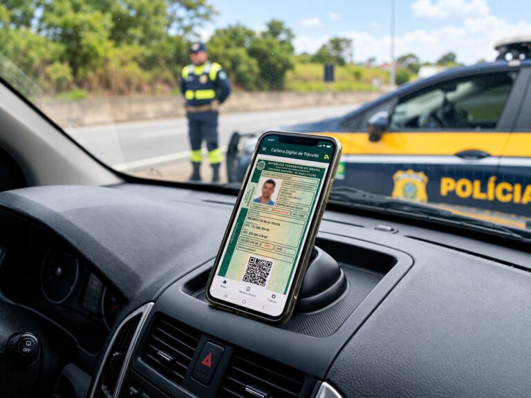 Smartphone exibe CNH digital brasileira com QR Code no aplicativo oficial durante fiscalização de trânsito em rodovia.