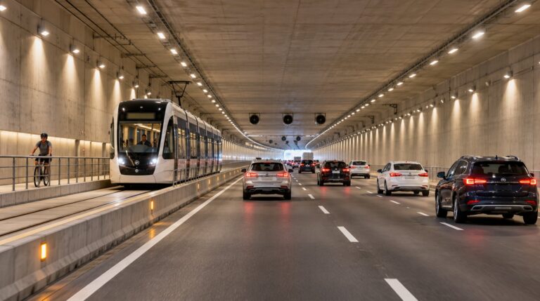 O Túnel Santos-Guarujá terá seis faixas, uma por sentido reservada ao VLT, e ciclovia com passagem para pedestres