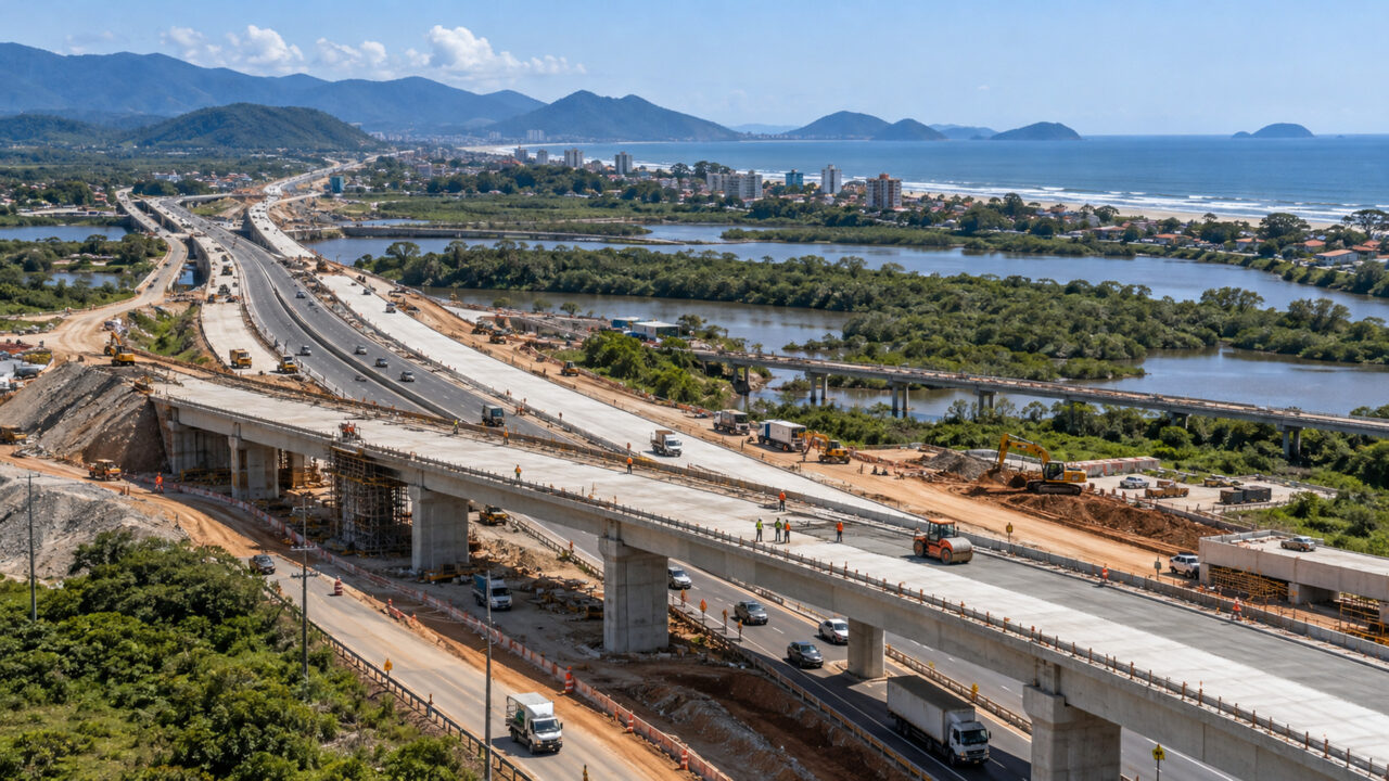 Uma estrada de 14 km está recebendo R$ 274 milhões para ganhar duas pontes, um viaduto e novas pistas de concreto em um dos principais acessos ao litoral brasileiro