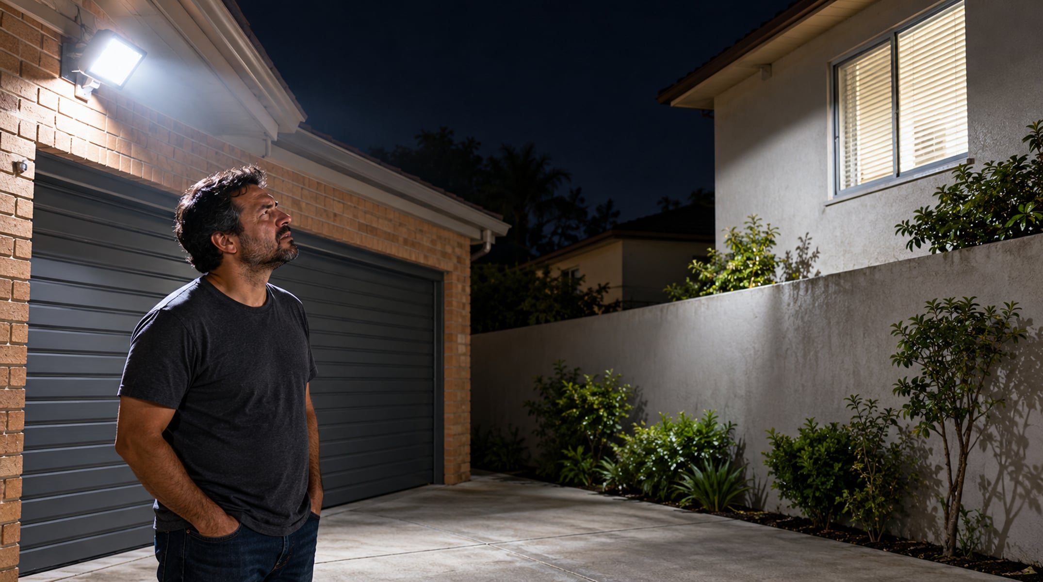 Ele instalou refletores porque a garagem foi arrombada duas vezes; agora a família ao lado diz que não dorme, e os dois têm parte da razão