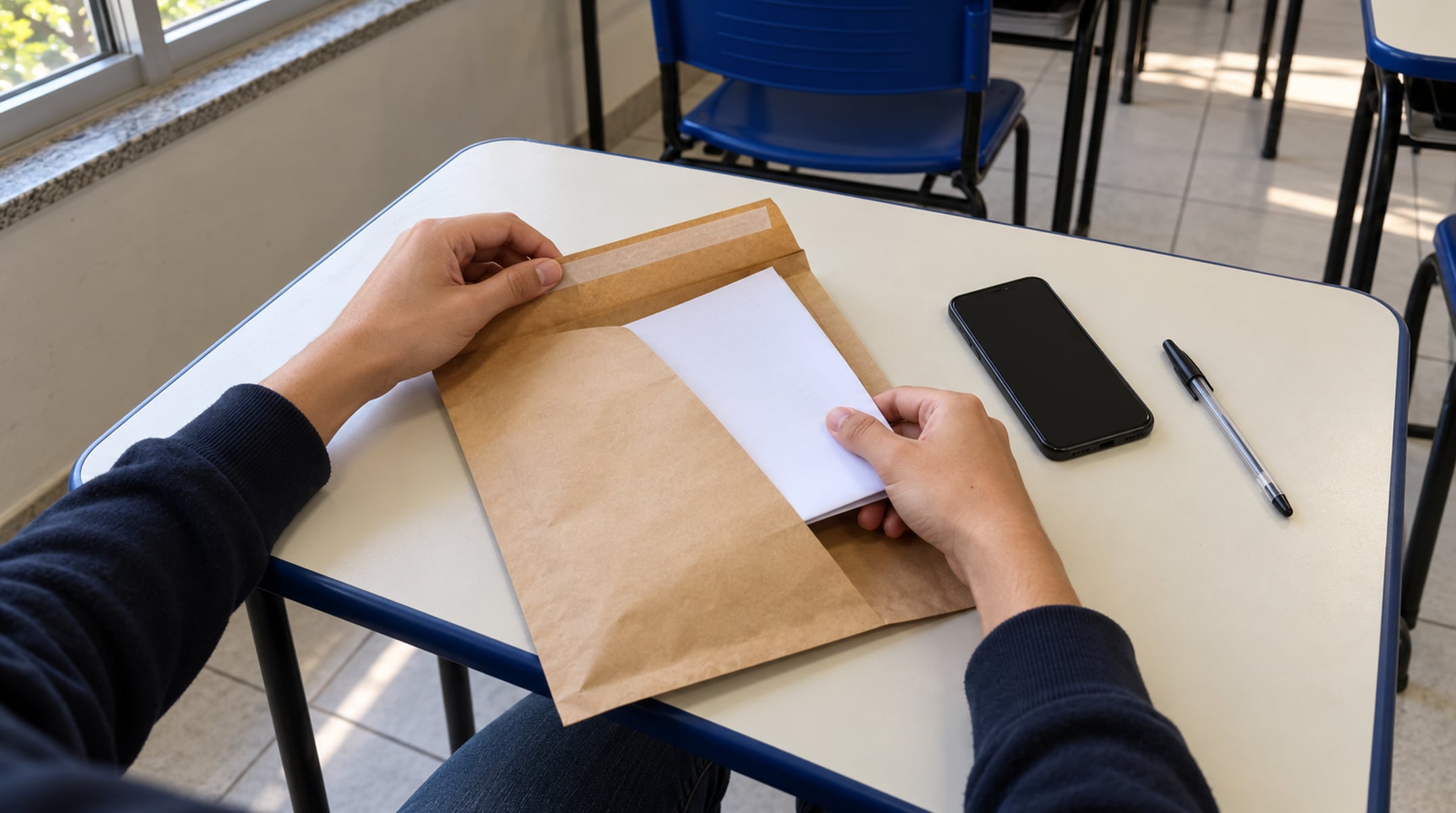 Na sala, o cartão deve ficar no envelope porta-objetos lacrado, junto com o celular, para evitar eliminação