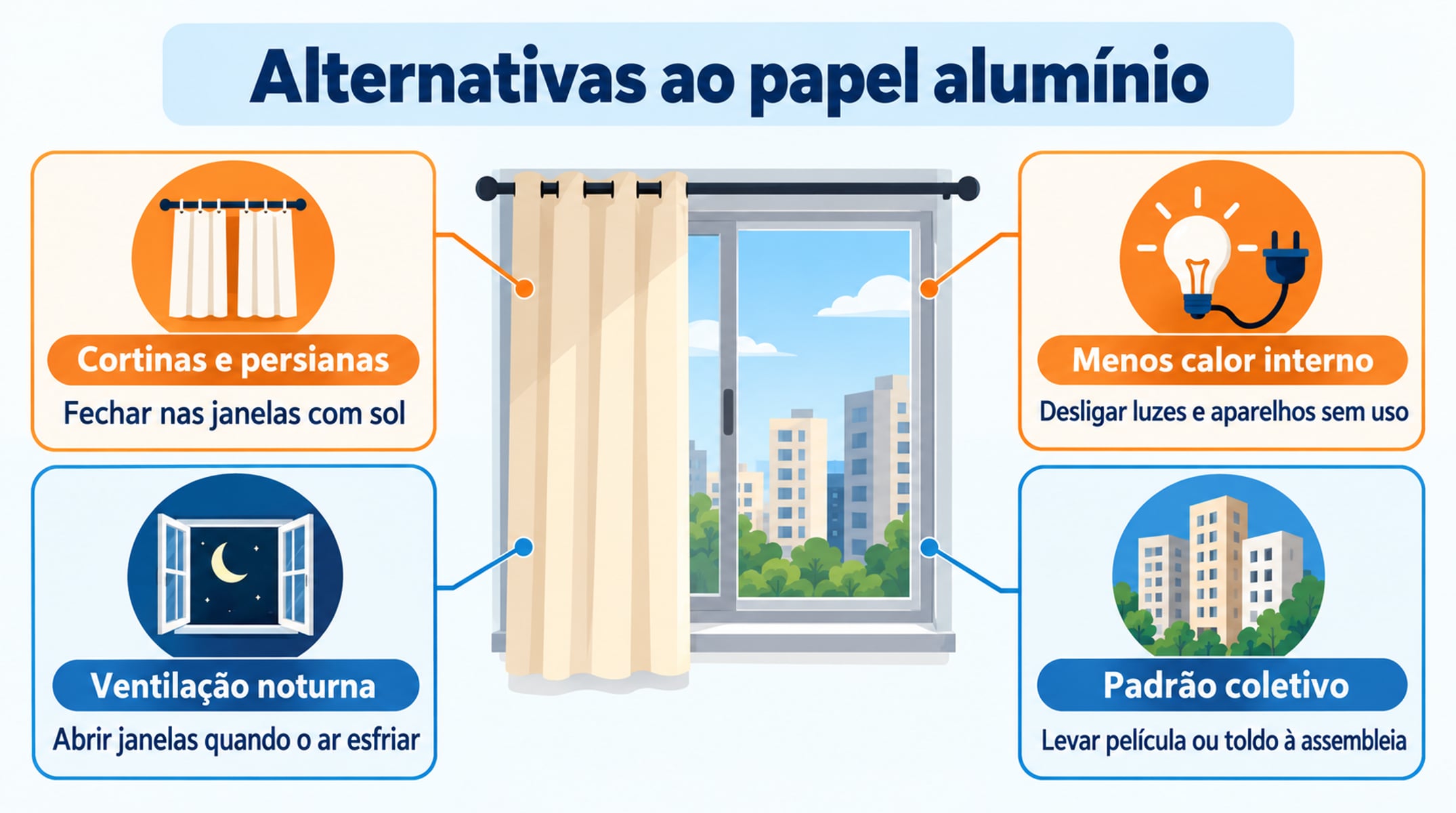 Cortinas, ventilação noturna e menos aparelhos ligados aliviam o calor sem mexer na aparência externa do prédio