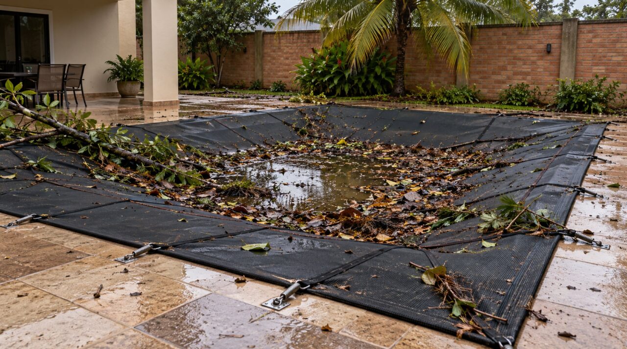 Família coloca tela sobre a piscina para proteger as crianças e percebe que folhas, galhos e água começam a formar uma carga pesada sobre a estrutura após um temporal