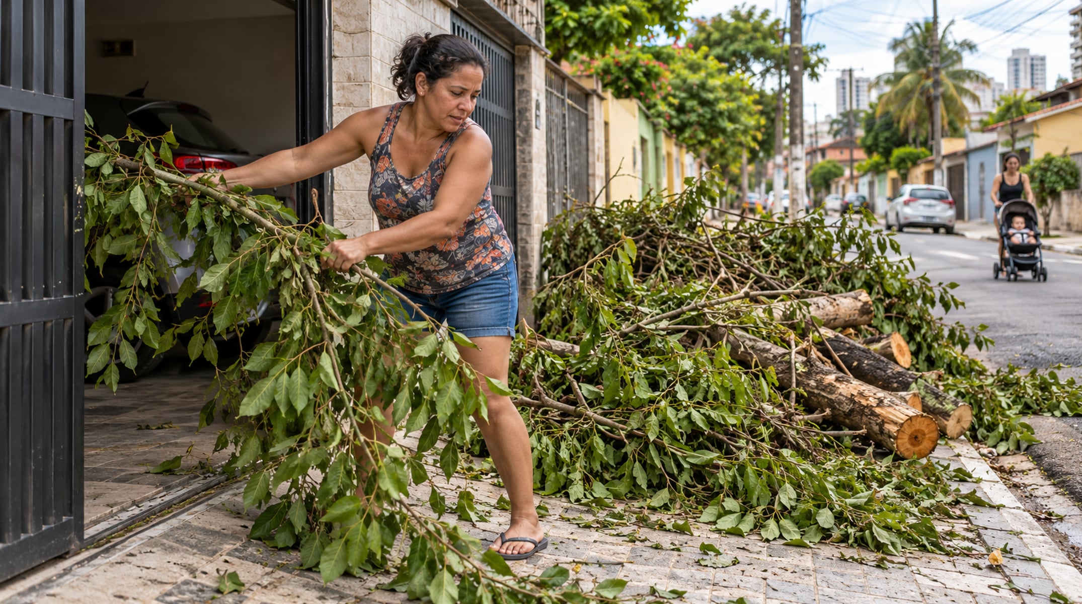 Galhos deixados na calçada podem bloquear a passagem e exigem atenção às regras municipais de coleta