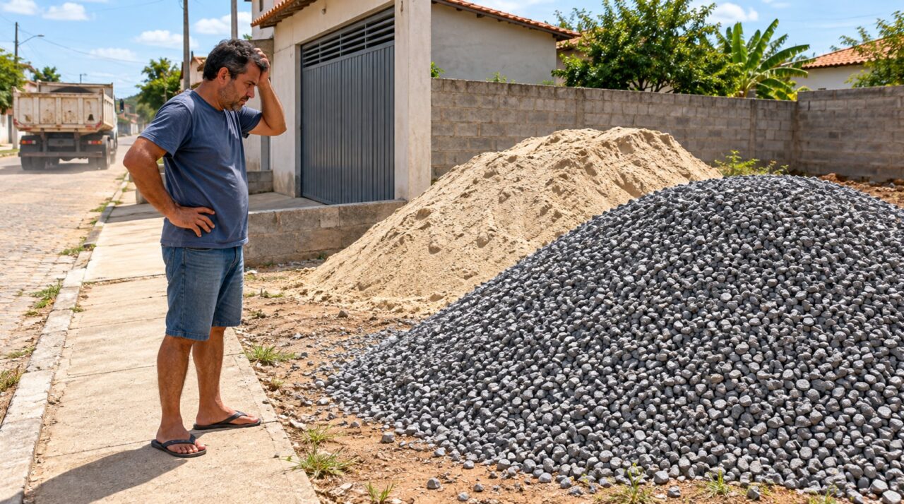 Família encomenda areia e brita para reformar a garagem, descobre que o caminhão despejou tudo no terreno ao lado e recebe uma cobrança para retirar o material, mas o pedido de compra registra um endereço diferente daquele usado pelo motorista
