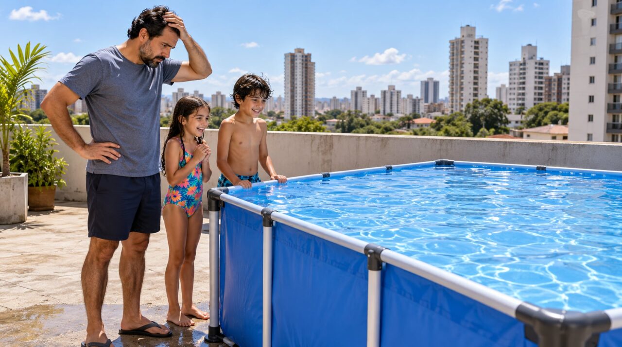 Família instala piscina de vinil no terraço para as crianças e só depois percebe que a água cheia pesa várias toneladas sobre a laje