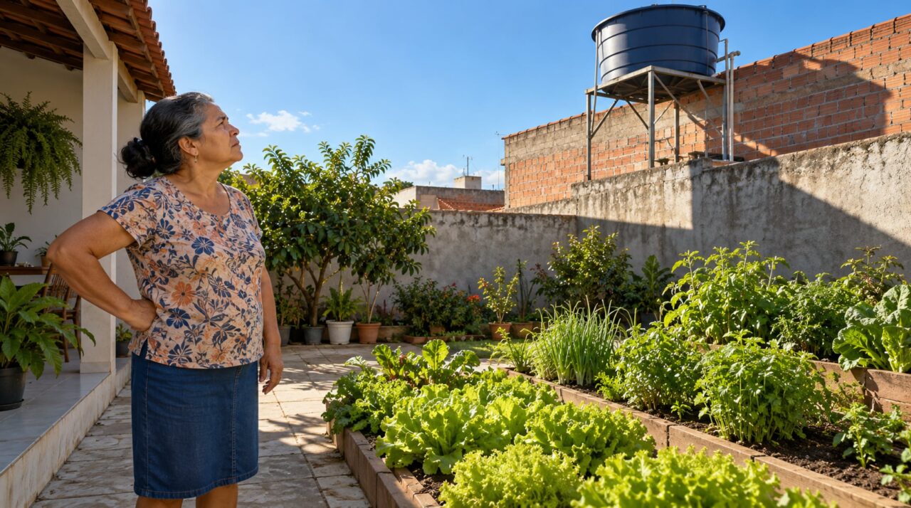 Família instala uma caixa d’água elevada no terraço e vizinho percebe que a estrutura passou a projetar sombra sobre a horta ao lado