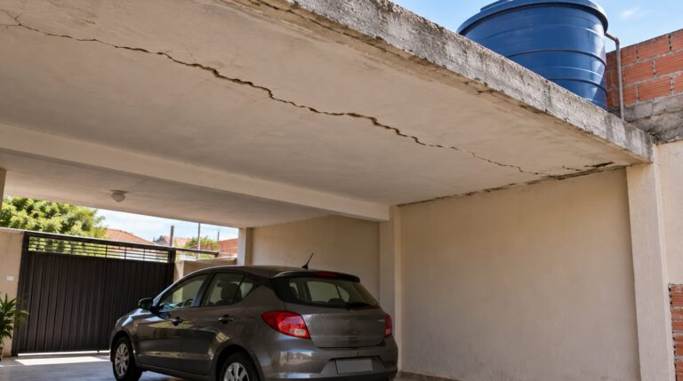 Trinca diagonal no teto abaixo de uma caixa d'água nova indica que a laje pode estar sobrecarregada