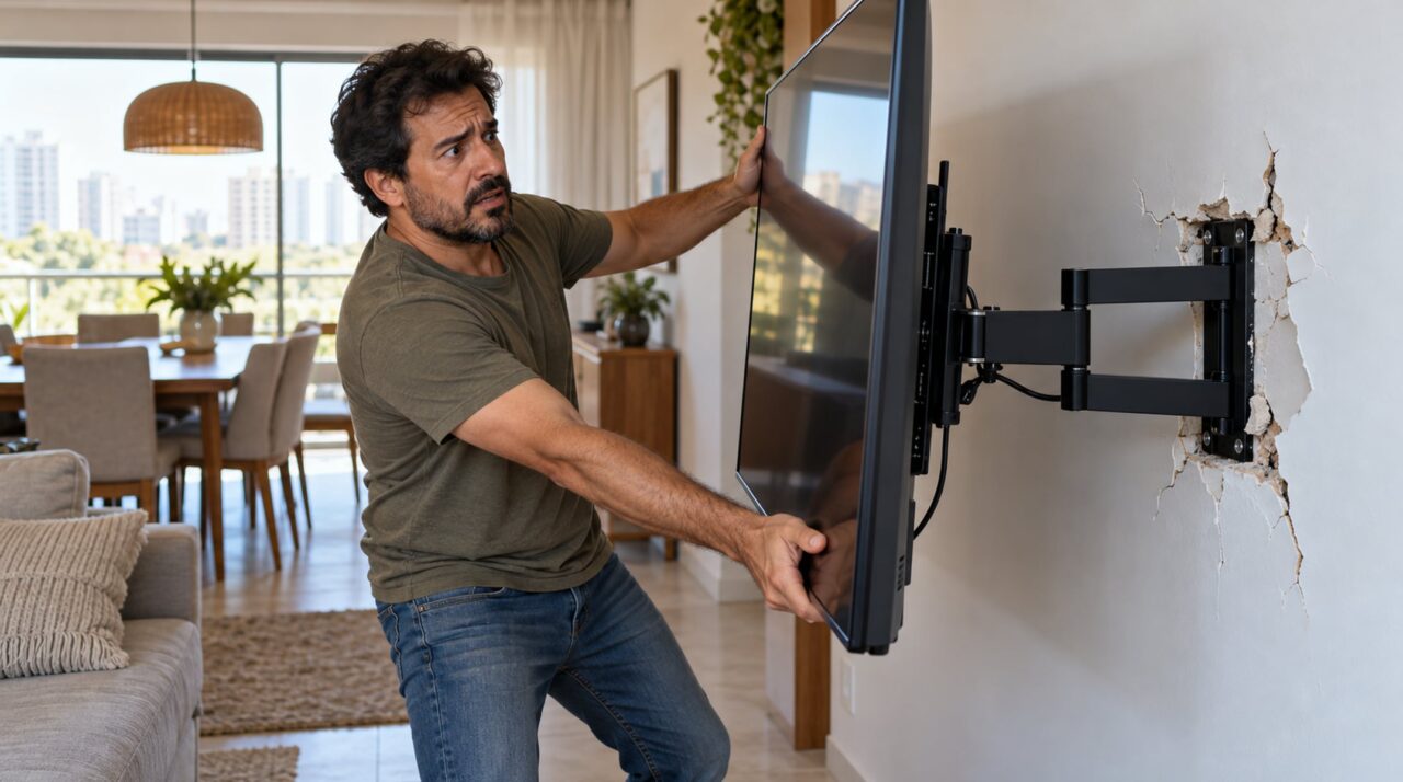 Família pendura uma TV de 65 polegadas em suporte articulado na parede de drywall e percebe que a placa começa a ceder quando o braço é puxado para frente