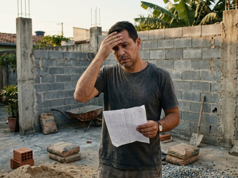 Proprietário preocupado segura orçamento de construção diante de muro inacabado de blocos de concreto, após interrupção da obra e cobrança de valores adicionais.