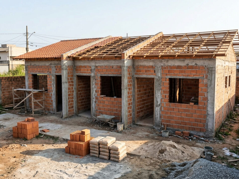 Três kitnets pequenas em fase de construção, com paredes de tijolos aparentes, entradas individuais e materiais de obra organizados na frente das unidades.