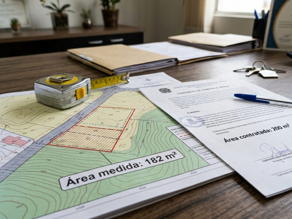 Levantamento topográfico sobre mesa de escritório mostra terreno com 182 m², enquanto contrato de compra e venda informa área de 200 m².