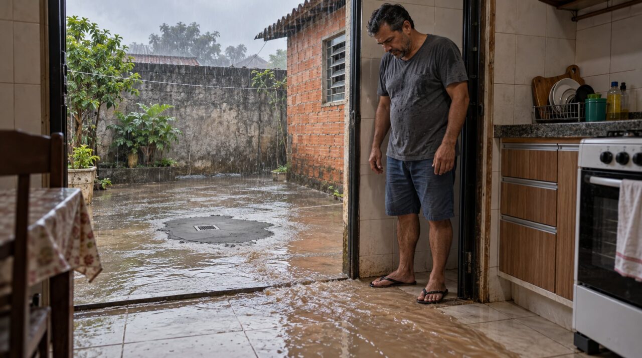 Morador cimenta o ralo do quintal para acabar com o mau cheiro e, na primeira chuva forte, encontra a água entrando pela porta da cozinha
