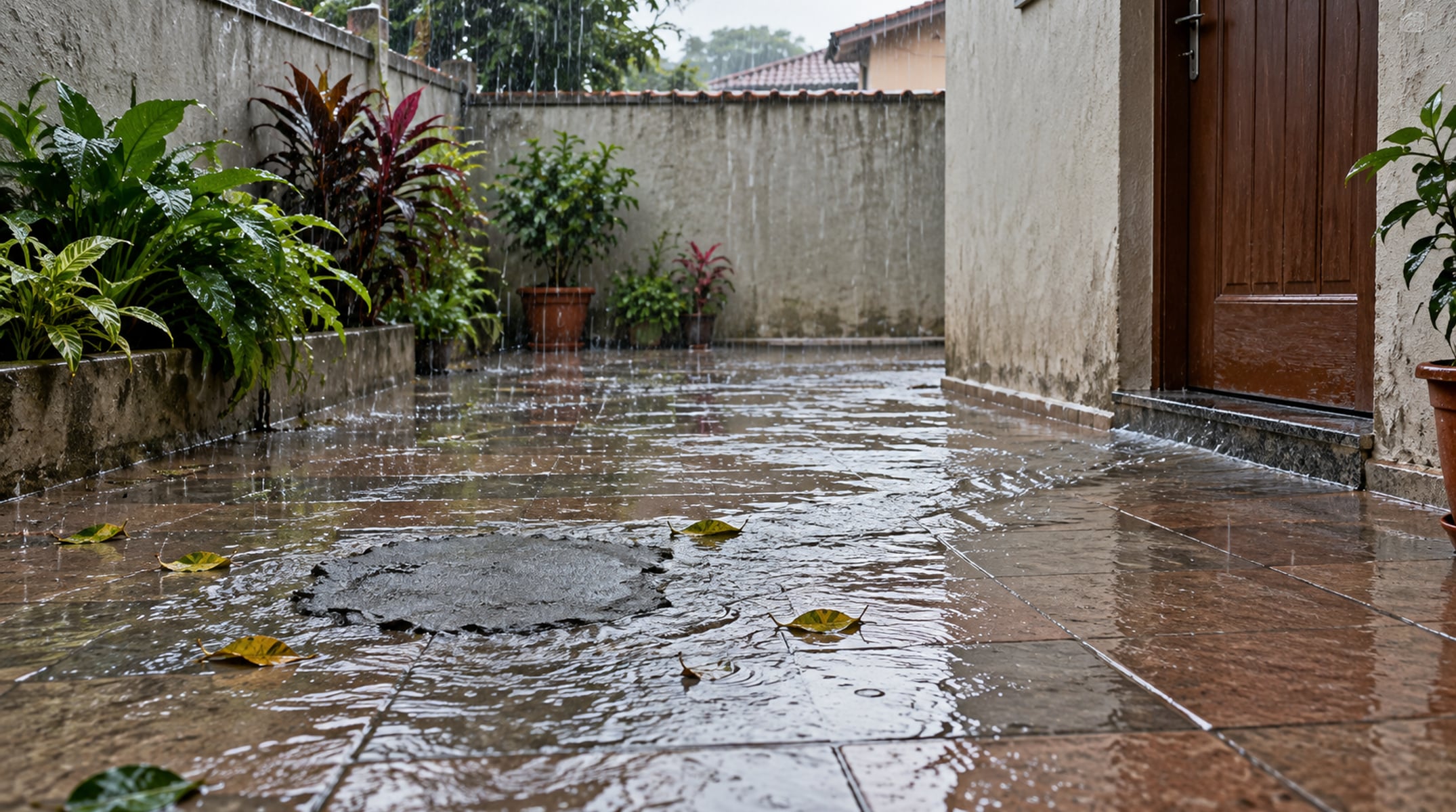 Sem o ralo, a água corre pelo caimento do piso e atravessa a soleira da porta em poucos minutos
