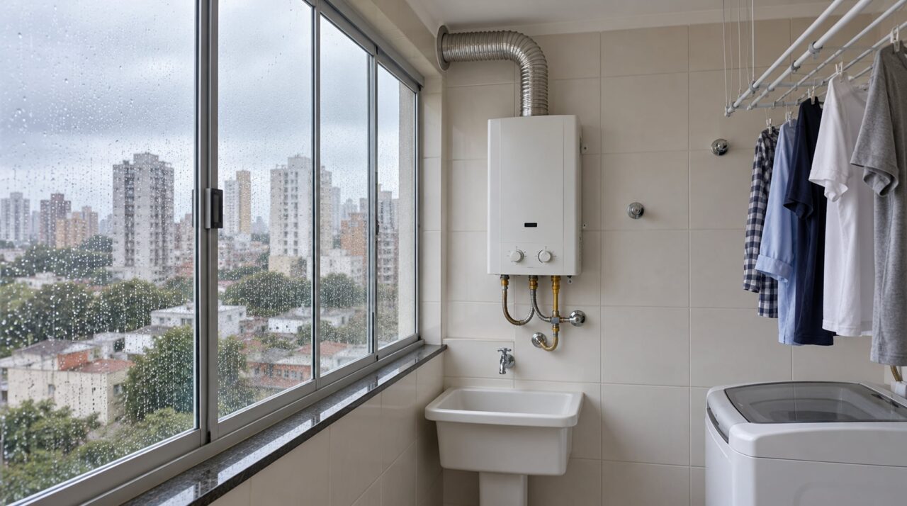 Morador fecha a área de serviço com vidro para proteger a roupa da chuva e descobre que o aquecedor a gás instalado ali deixou de ter a ventilação exigida