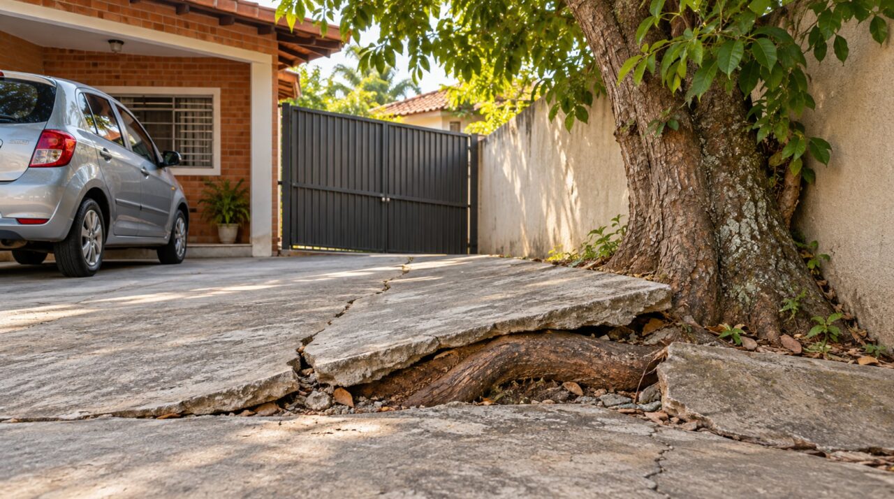 Morador planta uma árvore de raiz agressiva rente ao muro para ter sombra e, poucos anos depois, encontra o piso da garagem levantado e o cano de esgoto rompido