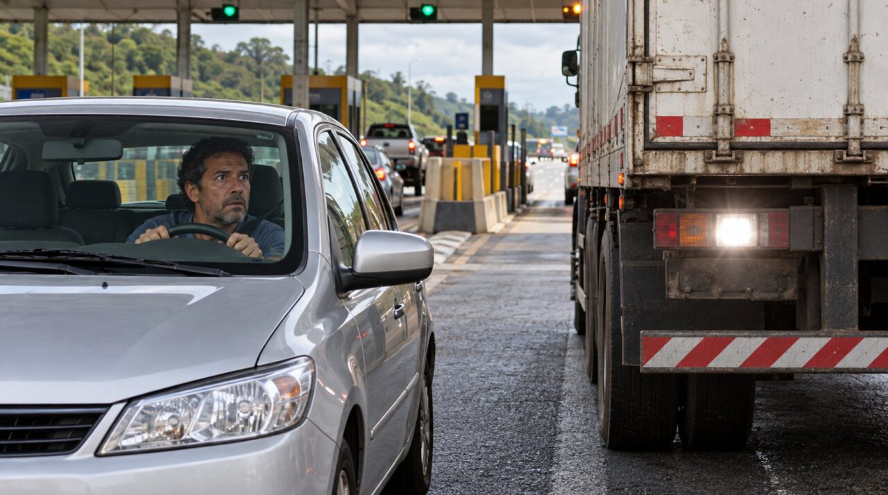 Motorista para atrás do caminhão na fila do pedágio, o veículo recua para manobrar e ele descobre por que a distância mínima importa mesmo parado