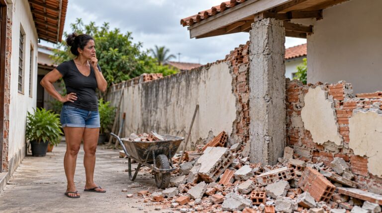 Em casas antigas, uma coluna na parede de meio pode sustentar também o telhado do vizinho