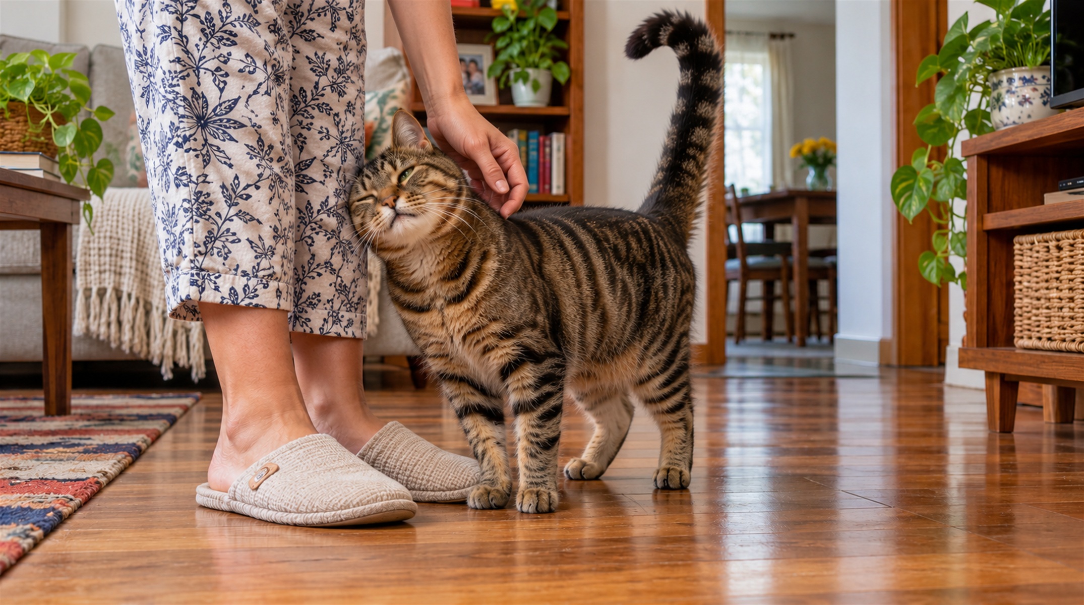 Gato esfrega a cabeça na perna da dona com o rabo erguido