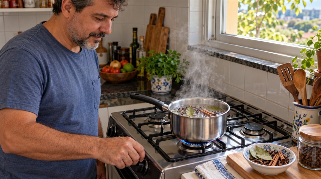 Panela de louro, cravo e canela no fogo perfuma a casa, mas não limpa o ar: o que o vapor faz de verdade e o cuidado com o fogão ligado sem ninguém por perto