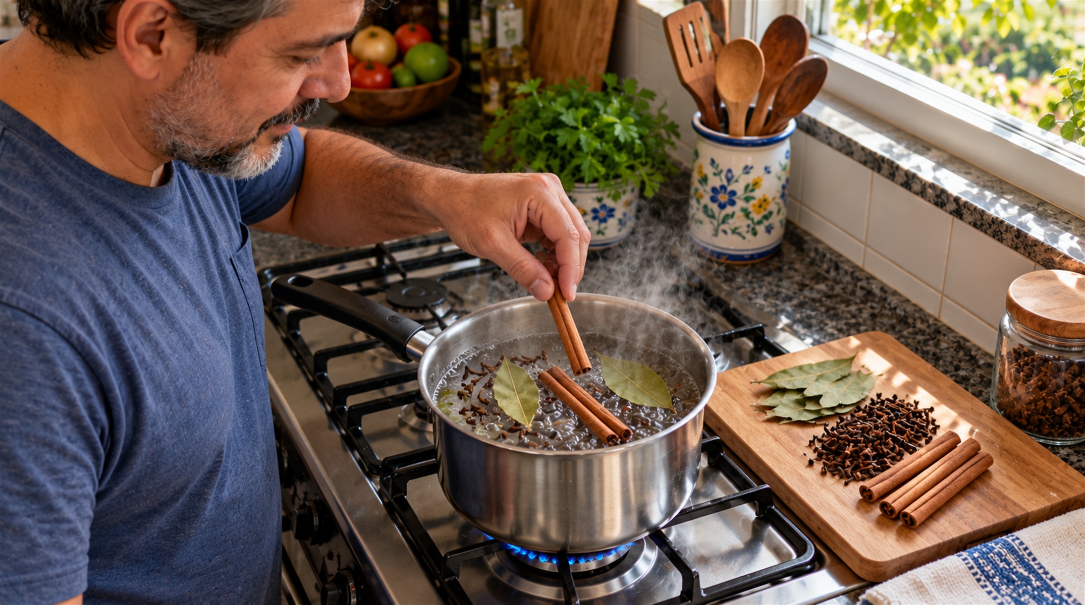 Folhas de louro, cravos e paus de canela secos ao lado da panela no fogão
