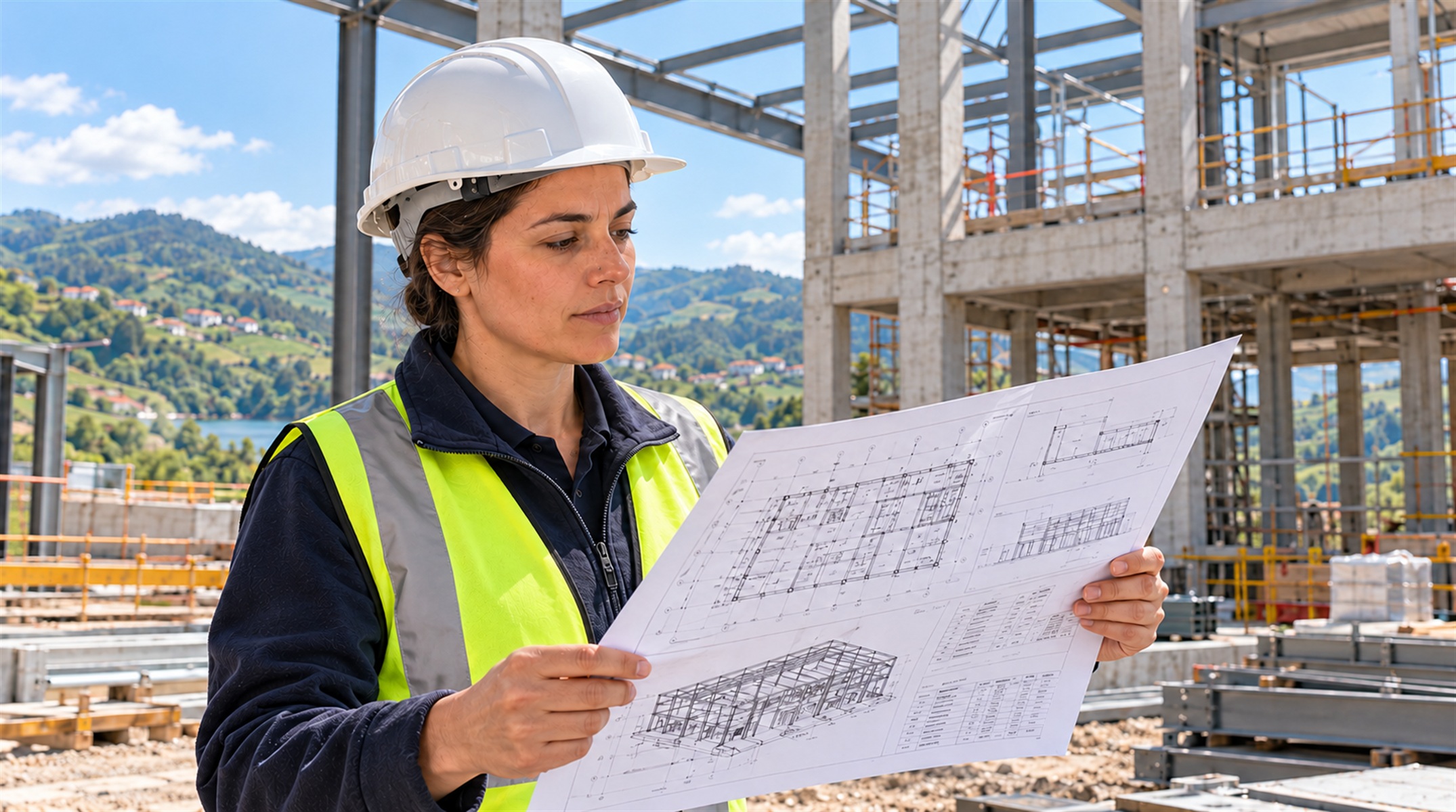 Operária de capacete confere a planta da obra da fábrica